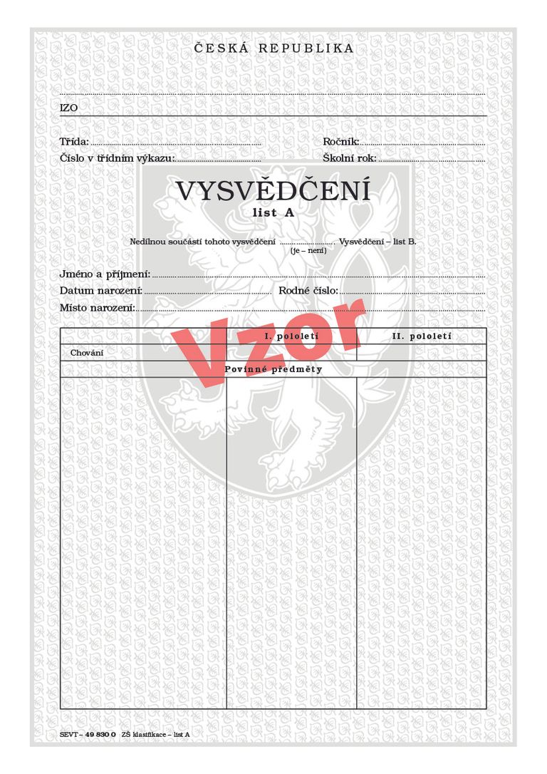 Vysvědčení pro základní školu - list A (klasifikace)