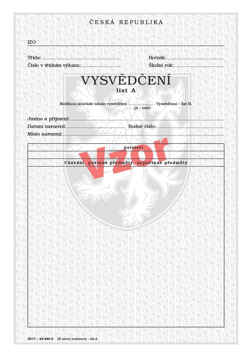 Vysvědčení pro základní školu - list A (slovní hodnocení)