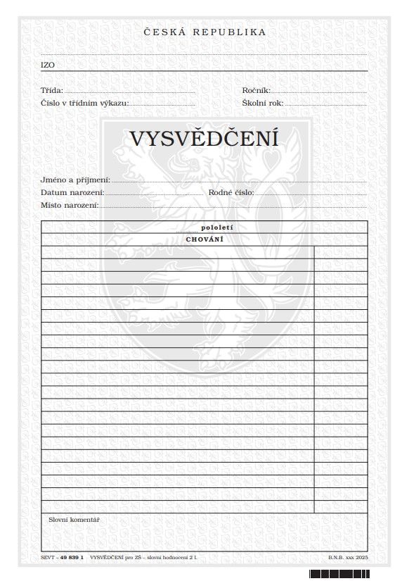 Vysvědčení pro základní školu - slovní hodnocení 2 l.