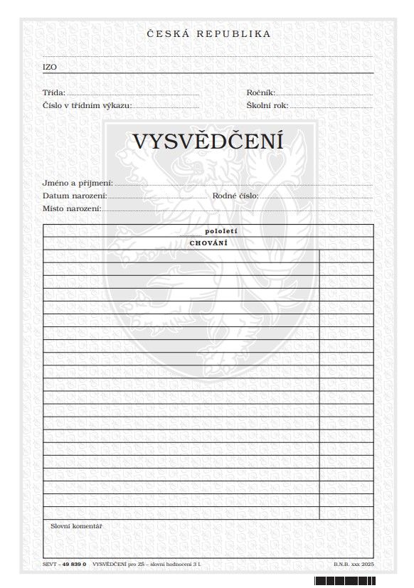 Vysvědčení pro základní školu - slovní hodnocení 3 l.