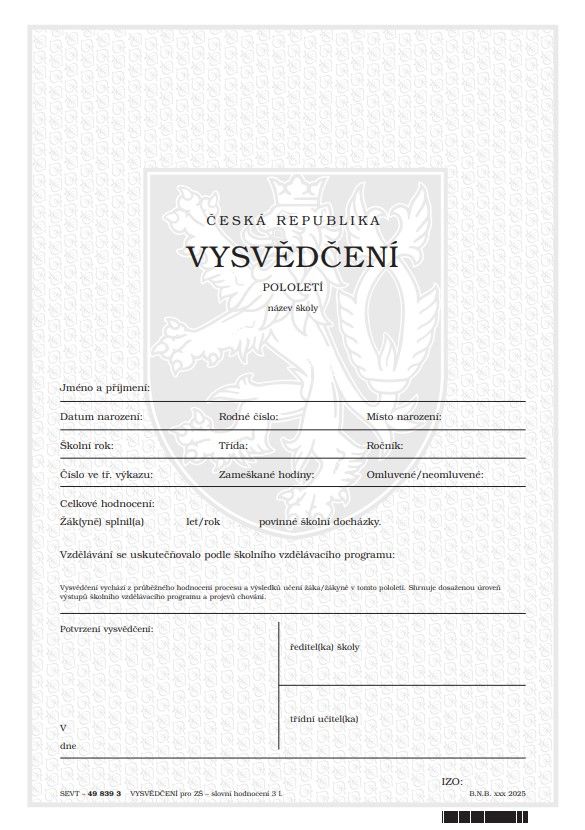 Vysvědčení pro základní školu - slovní hodnocení 3 l.