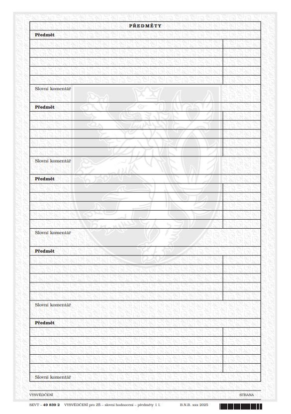 Vysvědčení pro základní školu - slovní hodnocení - předměty