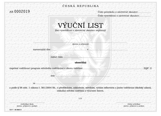 Výuční list - dvouleté obory, QR kód