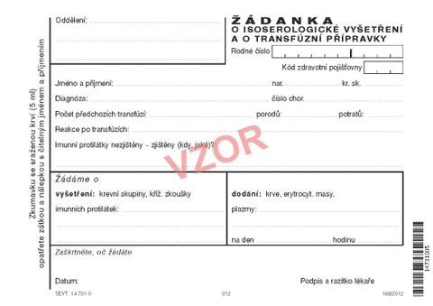 Obrázek produktu: Žádanka o isoserologické vyšetření a o transfúzní přípravky