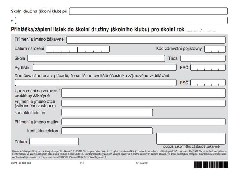 Zápisní lístek do školní družiny