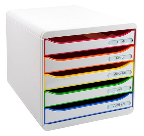 Obrázek produktu: Zásuvkový box Plus duhový, plastový, 5 přihrádek, A4 maxi na výšku - bílý