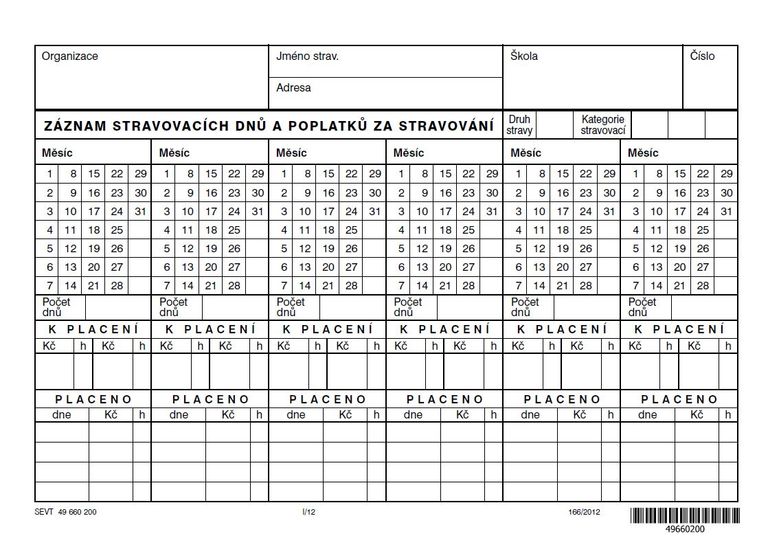 Záznam stravovacích dnů a poplatků za stravování