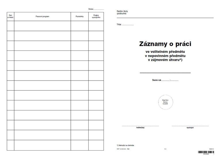 Záznamy o práci v nepovinném předmětu, zájmovém útvaru - obal